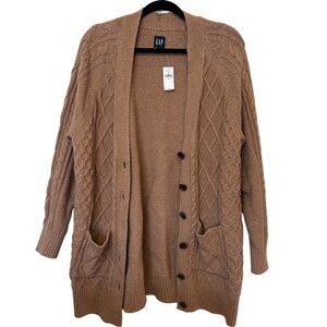 Vintage Style Grandpa Cable Knit Cardigan Camel Brown Chunky Sweater Medium